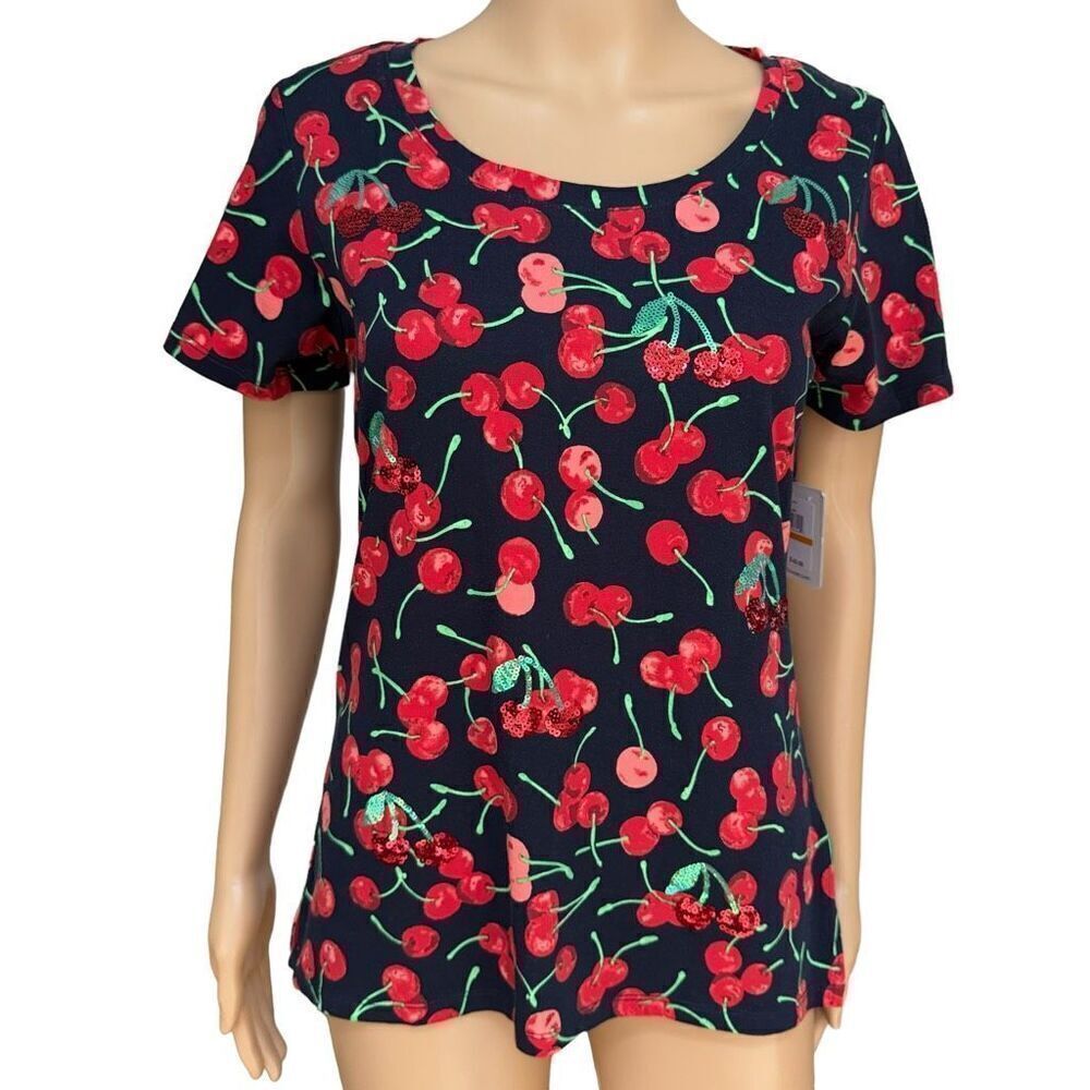 Rafaella weekend cotton stretch cherry print sequined detail top size S NWT